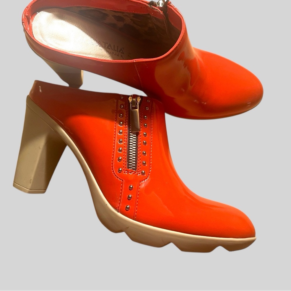 AQUATALIA Orange Patent Leather Studded Zipper Mules Size 7.5